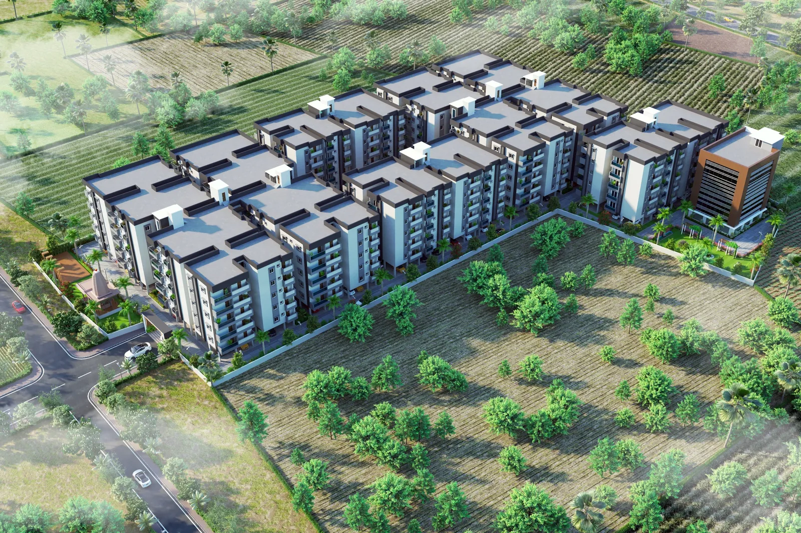 Aerial render of Kaakatiya's Vrindavanam senior care living community at Thimmapur